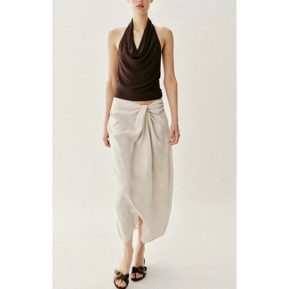 Women's Zara Twist Knot Beige Cream Midi Skirt Vacation Minimalist Resortwear XS
